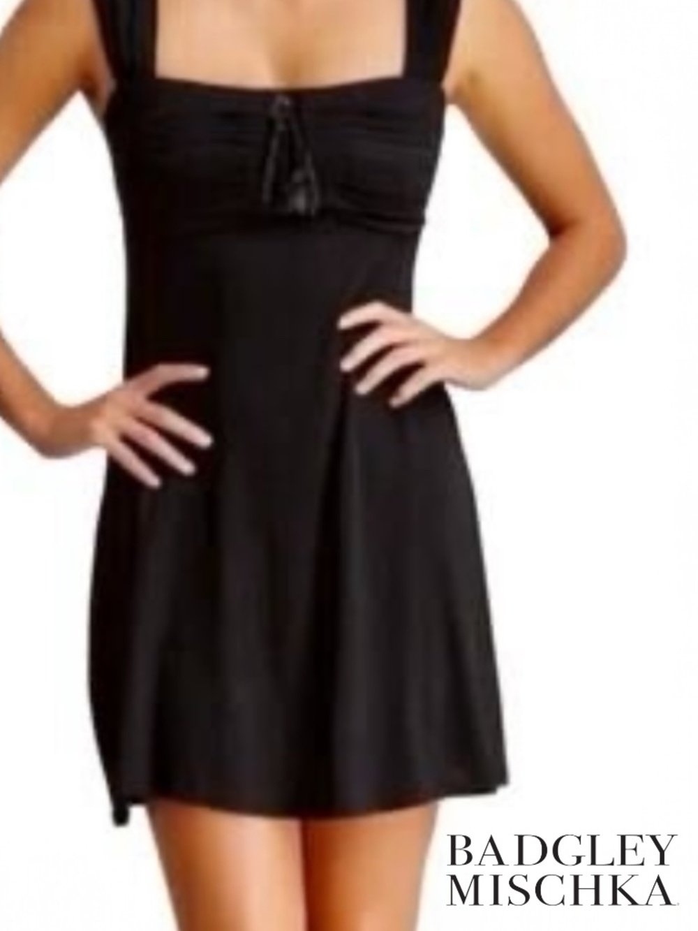 NWT [Badgley Mischka] Beaded Black Ruched Square Mini Cocktail Dress | Medium